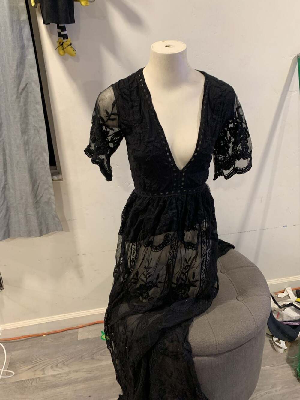 Eleter Black Lace Maxi Romper Dress Size S Deep V-Neck